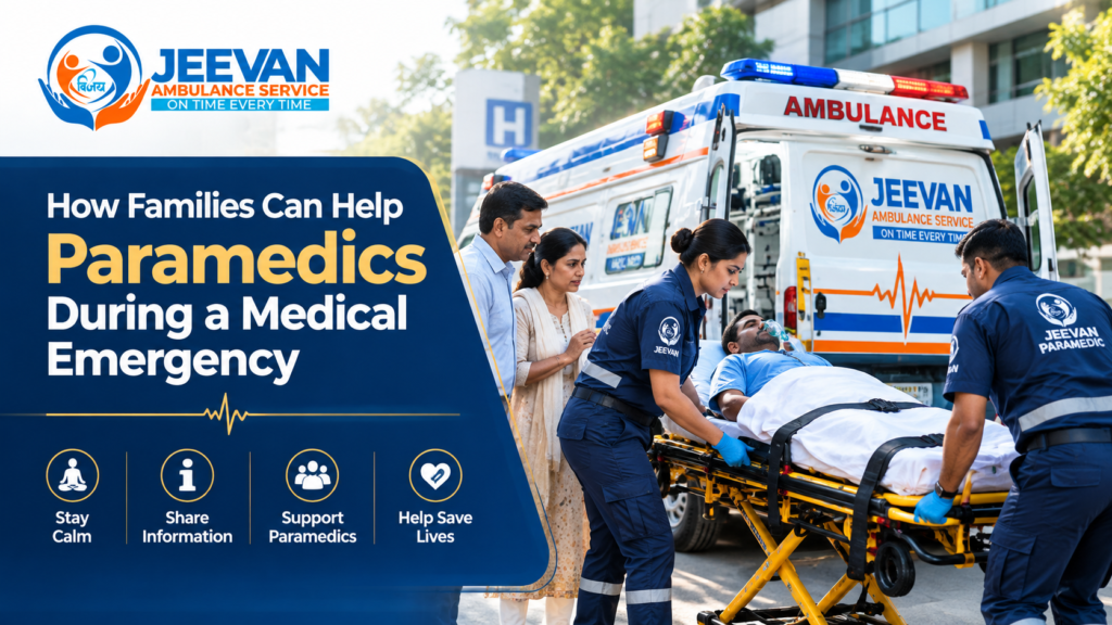 How Families Can Help Paramedics During a Medical Emergency – Jeevan Ambulance Service paramedics assisting a patient while family members provide support beside a branded ambulance.